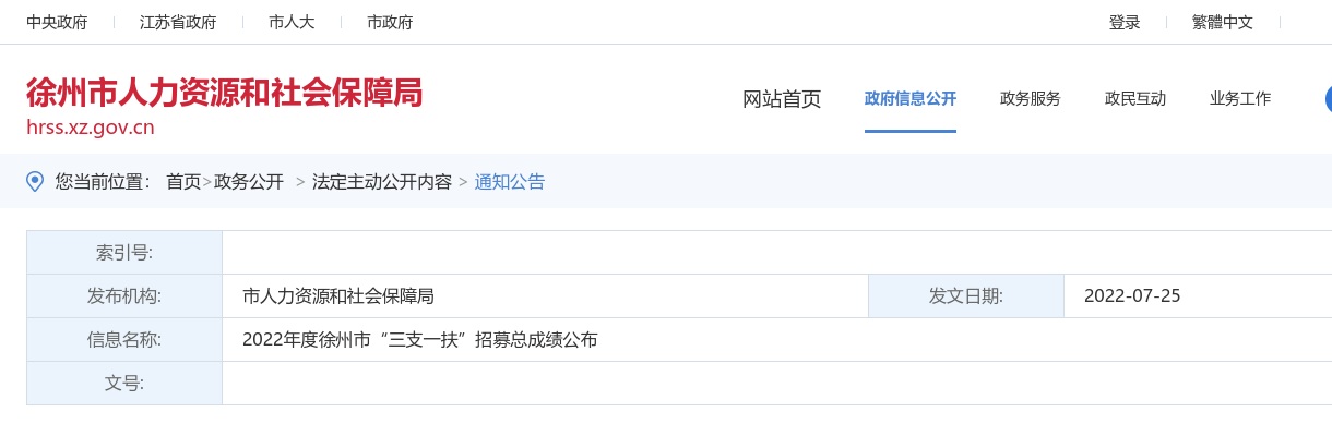 2022年度徐州市“三支一扶”招募总成绩公布                进入阅读模式 图片