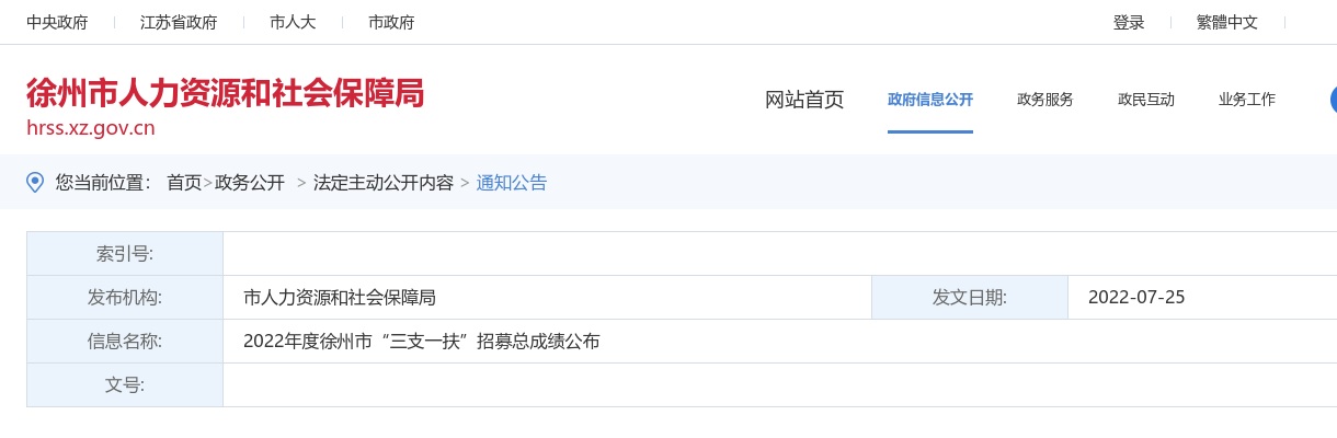 2022年度徐州市“三支一扶”招募总成绩公布                进入阅读模式 图片